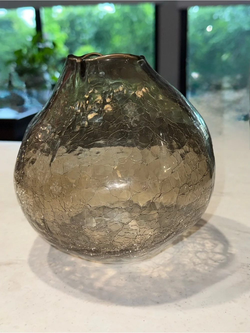Anthropologie Smoky Gray Crackle Glass Vase 7” Tall 5” Wide Bulbous Hand Blown